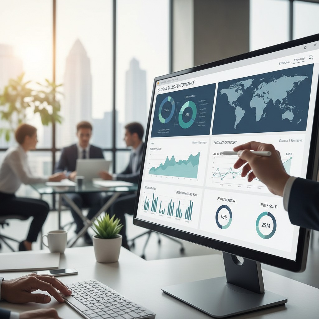 Una persona señala con un lápiz digital una pantalla de computadora que muestra gráficos de análisis de datos y rendimiento de ventas.